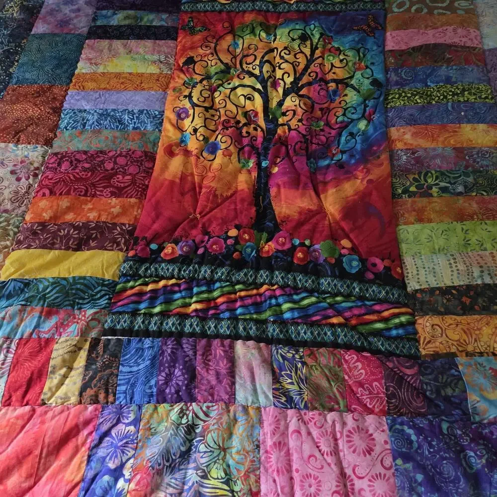 Handmade Batik Patchwork Throw Quilt – Tree of Life Center Panel – Colorful Art